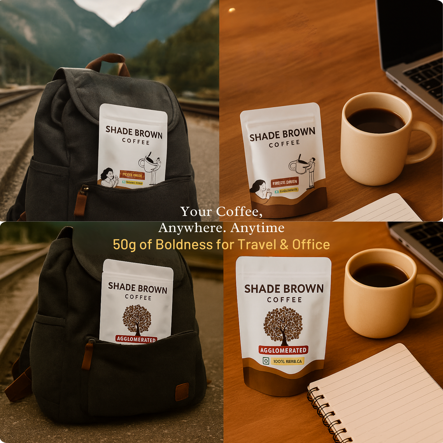 Shade Brown agglomerated coffee pouch on a modern office desk with a laptop, notebook, and plant, highlighting its suitability for office use and busy professionals.